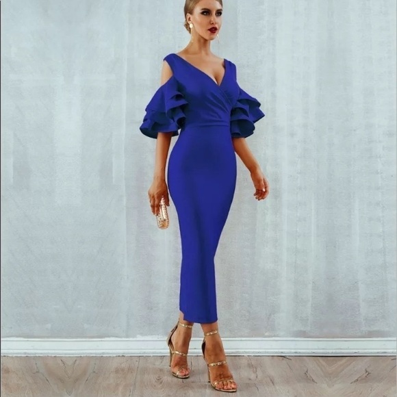 Bodycon Club Dress Sexy Deep V Neck Ruffles Butterfly Short Sleeve Midi size M - Picture 7 of 14